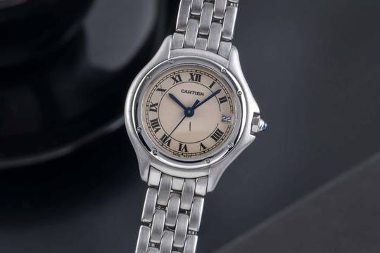 Montre pour femme Cartier Cougar en acier avec mouvement à quartz, cadran romain, réf. W35001F5, classique