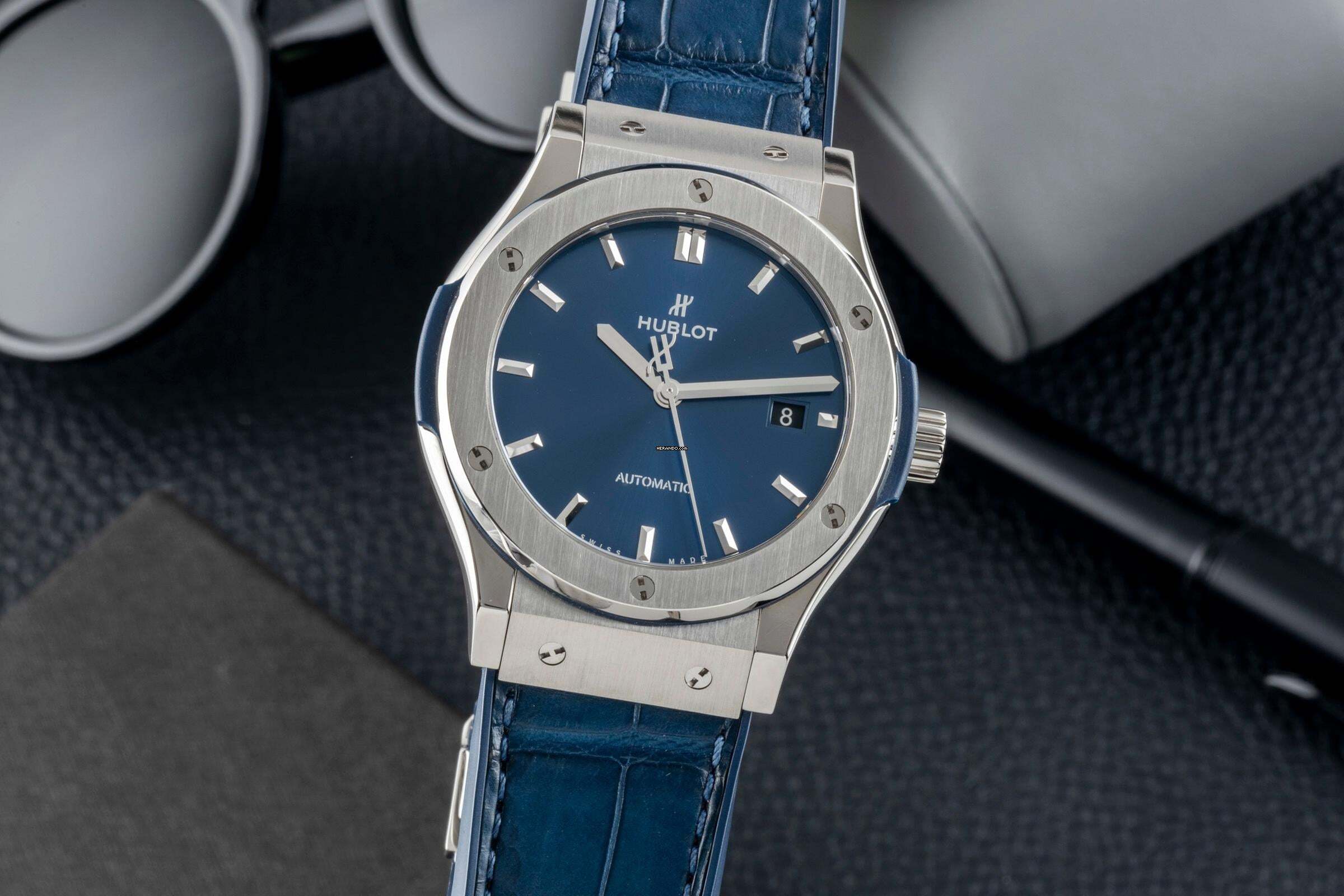 Hublot Classic Fusion Blue Titanium Automatic Men's Watch 542.NX.7170.LR B&P