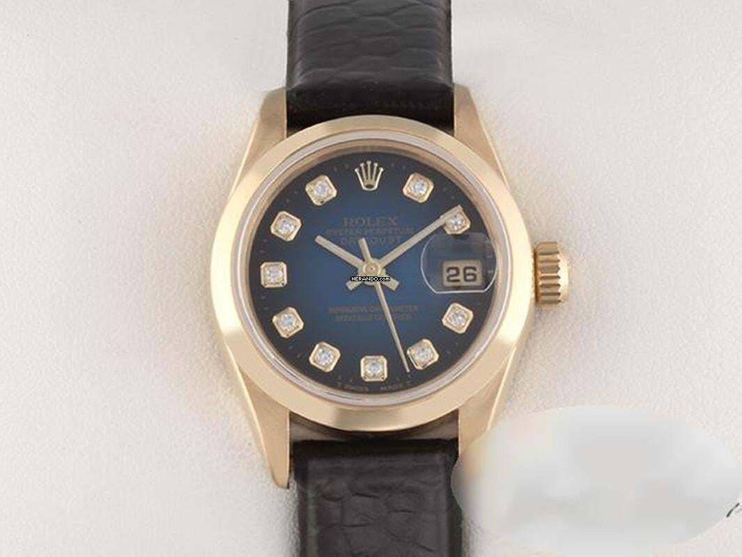 Rolex Lady-Datejust Gelbgold 750 Diamanten Automatik Lederband Gold Damenuhr