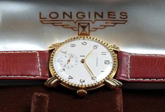 Thumbnail von Longines AMAZING LIKE NEW NOS 18K GOLD FANCY CASED FROM 1948 EXTRACT RARE VINTAGE FULL SET