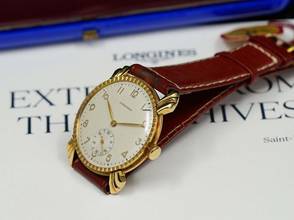 Thumbnail von Longines AMAZING LIKE NEW NOS 18K GOLD FANCY CASED FROM 1948 EXTRACT RARE VINTAGE FULL SET