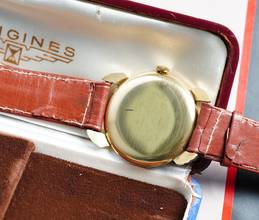 Thumbnail von Longines AMAZING LIKE NEW NOS 18K GOLD FANCY CASED FROM 1948 EXTRACT RARE VINTAGE FULL SET