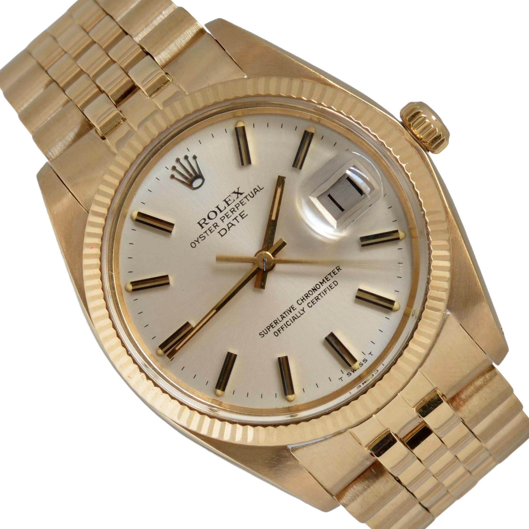 Rolex Oyster Perpetual Date 1503/8 Soleil silver dial yellow gold 18KT Full Set TOP Condition