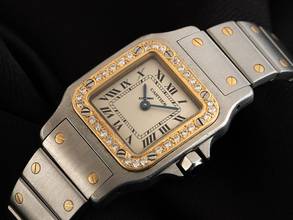 Thumbnail von Cartier Santos Galbée Lady PM kleines Modell Ref.1057930 1995 Box&Beschreibung sehr gut Vintage Santos Galbee Lady PM kleines Modell Diamanten