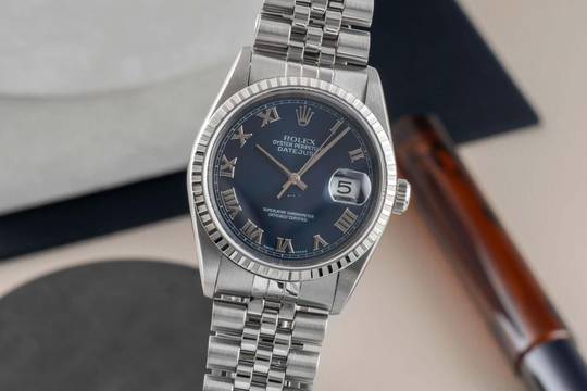  Rolex Datejust 36 Blue Roman Dial Oyster Stahl Automatik Herrenuhr Ref 16220 B&P 