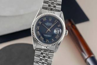 Thumbnail von Rolex Datejust 36 Blue Roman Dial Oyster Stahl Automatik Herrenuhr Ref 16220 B&P