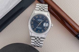 Thumbnail von Rolex Datejust 36 Blue Roman Dial Oyster Stahl Automatik Herrenuhr Ref 16220 B&P