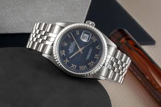 Thumbnail von Rolex Datejust 36 Blue Roman Dial Oyster Stahl Automatik Herrenuhr Ref 16220 B&P