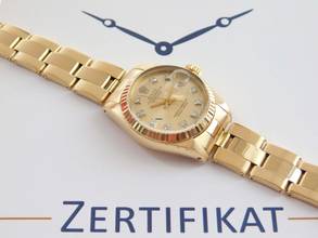Thumbnail von Rolex Lady-Datejust 18 Kt Gelbgold mit original Brillant Blatt 26 mm mit Box im Top Zustand sehr schöne Damenuhr aus 1980