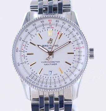  Breitling Navitimer Automatic 41 Silver Date Chronometer Stahlband Faltschließe Top B+P 