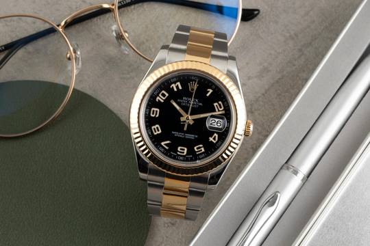  Rolex Datejust II Black Arabic Dial Stahl / Gold Automatik Herrenuhr Ref 116333 Box 