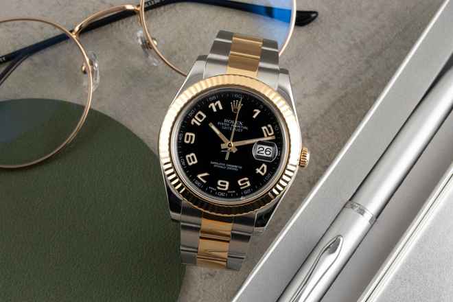  Rolex Datejust II Black Arabic Dial Stahl / Gold Automatik Herrenuhr Ref 116333 Box 
