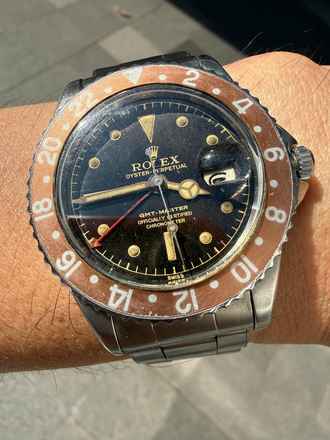 Rolex GMT-Master Seltenes 1675 GMT-Master Tropical 1960 Komplettset PCG OCC Chapter Ring Tropical Zifferblatt
