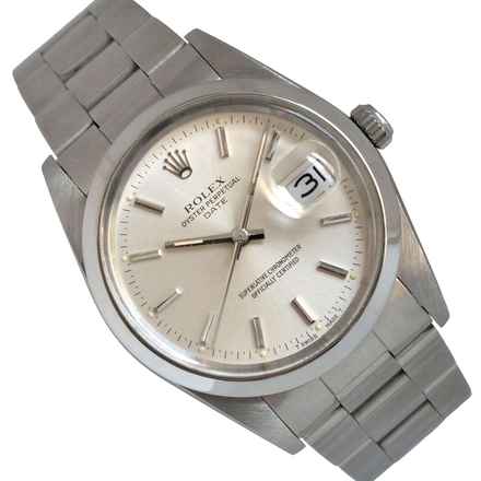 Rolex Oyster Perpetual Date 15000 Sonnenstrahl silberes Zifferblatt 1987 Komplettset