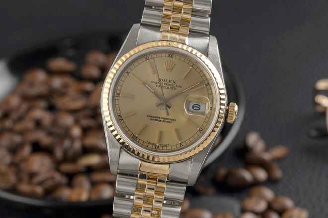  Rolex Datejust 36 Stahl / Gold Automatik Gold Dial Ref. 16233 Box 