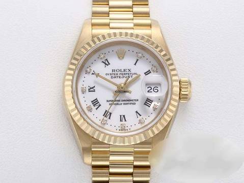 Rolex Lady-Datejust Gelbgold 750 1996 Diamanten Automatik 18kt Yellow Gold Damen President-band Chronometer Oyster White Dial