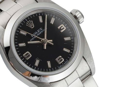Rolex Oyster Perpetual Black Dial Edelstahl Automatik Damenuhr Ref. 76080