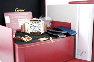 Thumbnail von Cartier Santos Large - White Dial - Rose Gold - Additional Blue Leather Strap - Additional Rose Gold Clasp - WGSA0031