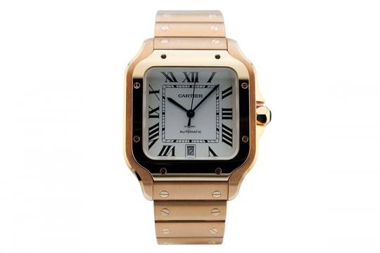 Cartier Santos Large - White Dial - Rose Gold - Additional Blue Leather Strap - Additional Rose Gold Clasp WGSA0011