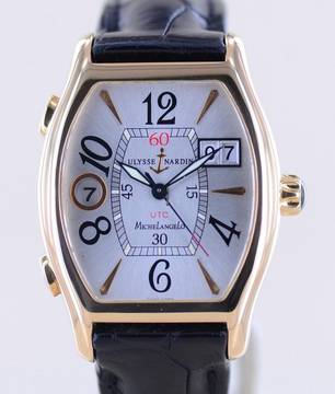 Ulysse Nardin Michelangelo UTC GMT 18K Roségold Silver arabic Big Date Dial Tonneau rar
