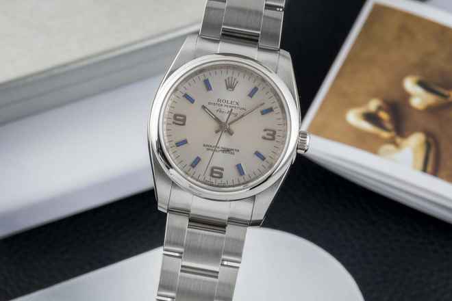 Rolex Air King 34 paslanmaz çelik 3-6-9 kadran otomatik Orta Boy Ref 114200 B&P 2010