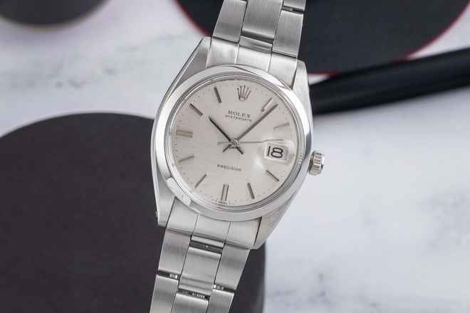 Rolex Oysterdate Precision Gümüş Kadran Çelik Kol Saati Erkekler İçin Ref. 6694 Vintage