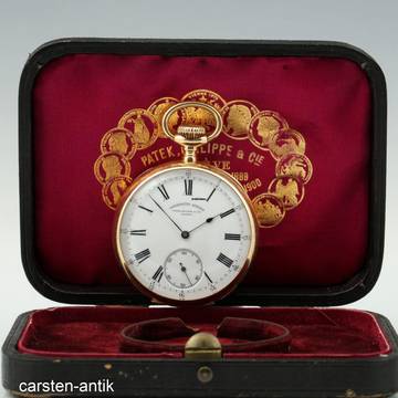 Patek Philippe 56mm 135g. 18k Gold Chronometro Gondolo mit Original-Box Taschenuhr. 1915 Selten: doppelt Signatur auf ZIfferblatt Schönes Gehäuse