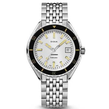 Doxa Sub 200 Searambler Stahl 42 46 mm Zifferblatt silber mit Stahlarmband Lünette scharz Full Set neu