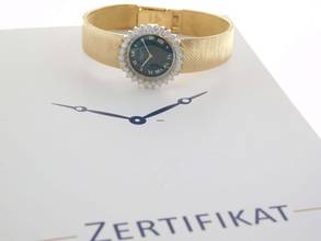 Thumbnail von Audemars Piguet 18 Karat Gelbgold mit original Diamantbesatz und grünem Blatt Rarität Lady Cocktailwatch im original Zustand Handaufzug