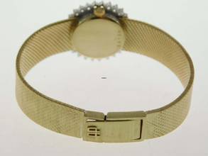 Thumbnail von Audemars Piguet 18 Karat Gelbgold mit original Diamantbesatz und grünem Blatt Rarität Lady Cocktailwatch im original Zustand Handaufzug