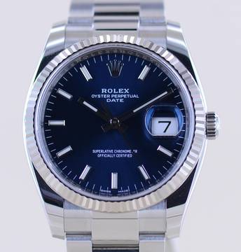 Rolex Oyster Perpetual Date Blue 34mm Index Dial Weißgold Steel 115234 Top Unisex B+P