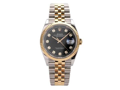 Rolex Datejust 36 Oystersteel / Gelbgold Ref. 126233 Schwarz Diamant Jubile-Band