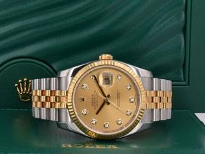 Thumbnail von Rolex Datejust 36 116233 Gold Dial With Big Diamonds - Full Set 36mm