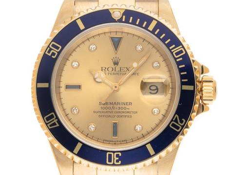  Rolex Submariner Date Serti 18kt Gelbgold Ref.16618 1988 Full Set Original unpoliert Submariner Serti 18kt Gelbgold Diamanten Saphir 170g 