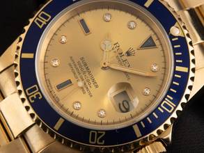 Thumbnail von Rolex Submariner Date Serti 18kt Gelbgold Ref.16618 1988 Full Set Original unpoliert Submariner Serti 18kt Gelbgold Diamanten Saphir 170g