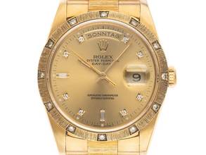 Thumbnail von Rolex Day-Date 36 18kt Gelbgold Diamanten Rindengravur Ref.18308 Bj.1990 Full Set sehr gut Vintage Day Date 18kt Gelbgold Diamanten Rindengravur 141g