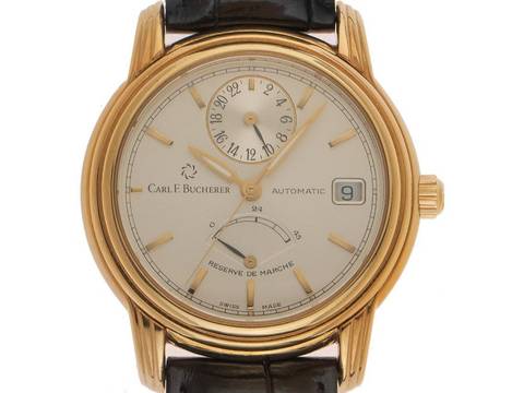  Carl F. Bucherer Archimedes GMT Power Reserve Ref.10.021 Bj.1996 original Box Original Vintage Unpoliert Archimedes GMT Power Reserve 18kt Gelbgold Krokoleder Faltschließe 81g 