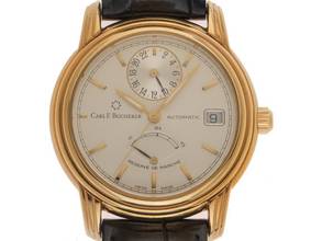  Carl F. Bucherer Archimedes GMT Power Reserve Ref.10.021 Bj.1996 original Box Original Vintage Unpoliert Archimedes GMT Power Reserve 18kt Gelbgold Krokoleder Faltschließe 81g 