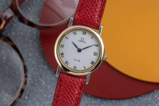 Omega De Ville White Dial Stahl / Gold Quarz Damenuhr Ref. 596.2379 B&P 1995