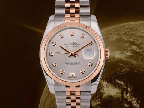  Rolex Datejust Stainless Steel & Rose Gold - Silver Diamond Dial - Full Set Like New 2014 