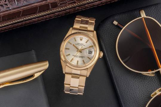  Rolex Oyster Perpetual Date 34 Silver Dial 18k (0,750) Gold Automatik Herren Ref. 1503 Klassiker 