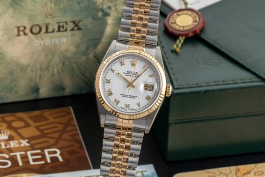  Rolex Datejust 36 White Roman Dial Stahl / Gold Automatik Herren 16233 B&P 1993 