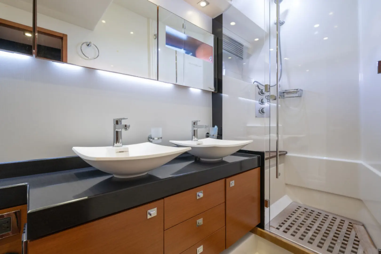 Head with Two Sinks, Mirror, Storage, and Large Shower